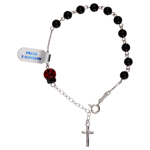One decade rosary bracelet, black glass beads with ladybug 1