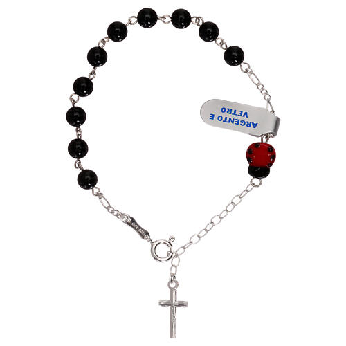 One decade rosary bracelet, black glass beads with ladybug 2