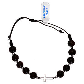 Brown rope bracelet with 925 silver cross and ebony beads