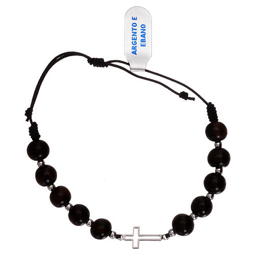 Brown rope bracelet with 925 silver cross and ebony beads 2