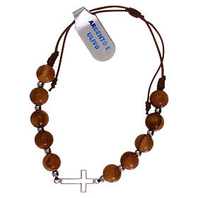 Cross rope bracelet with cross outline charm 925 silver olive wood beads