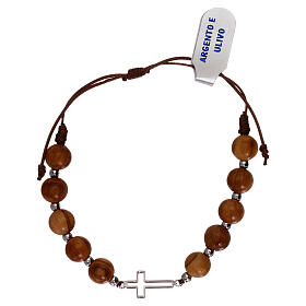 Cross rope bracelet with cross outline charm 925 silver olive wood beads
