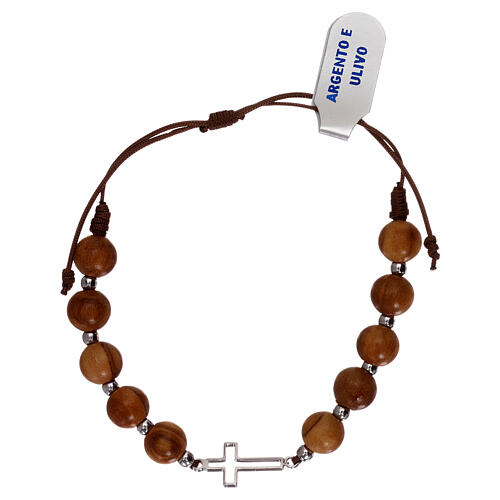 Cross rope bracelet with cross outline charm 925 silver olive wood beads 2