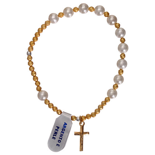 Single decade rosary bracelet with pearls golden 925 silver cross 1