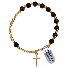 Rosary bracelet, elasticized golden 925 silver cross and Tiger eye