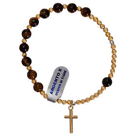 Rosary bracelet, elasticized golden 925 silver cross and Tiger eye
