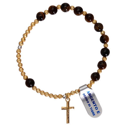 Rosary bracelet, elasticized golden 925 silver cross and Tiger eye 1