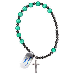 Elasticized single decade rosary bracelet, 925 silver cross green agate beads