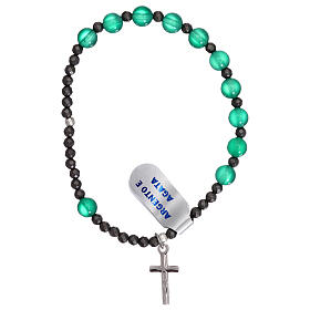 Elasticized single decade rosary bracelet, 925 silver cross green agate beads