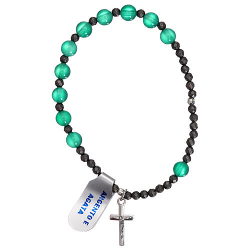 Elasticized single decade rosary bracelet, 925 silver cross green agate beads 1
