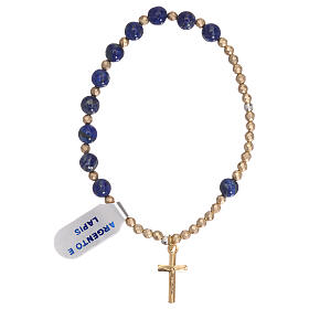 Elasticised rosary bracelet with golden cross and lapis beads