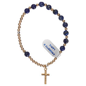 Bracelet chapelet élastique croix dorée et grains lapis-lazuli