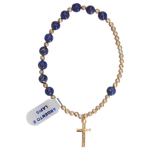 One decade rosary bracelet, elasticized golden cross lapis beads 1