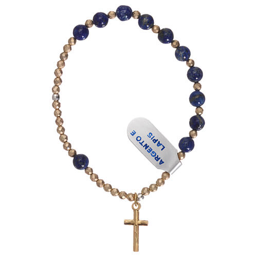 One decade rosary bracelet, elasticized golden cross lapis beads 2