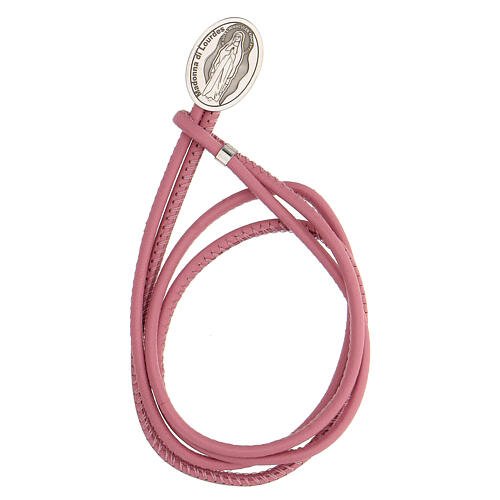 Bracelet of Our Lady of Lourdes, pink artificial leather and 925 silver 1