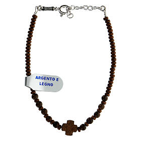 Bracelet with wood Chi-Rho cross and beads, hematite and 925 silver