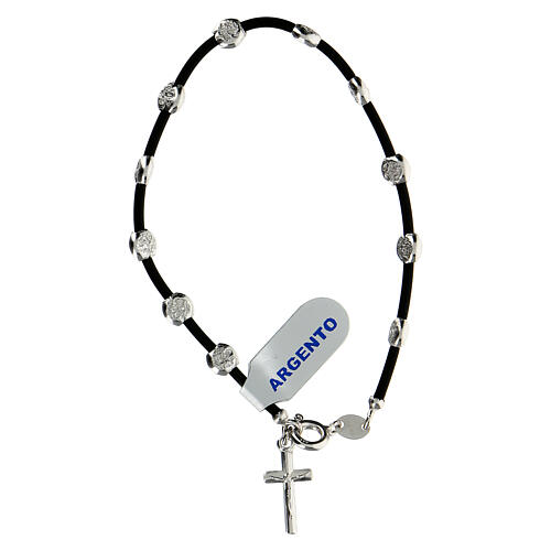 Rubber bracelet with hammered 925 silver beads of 5 mm and cross pendant 1