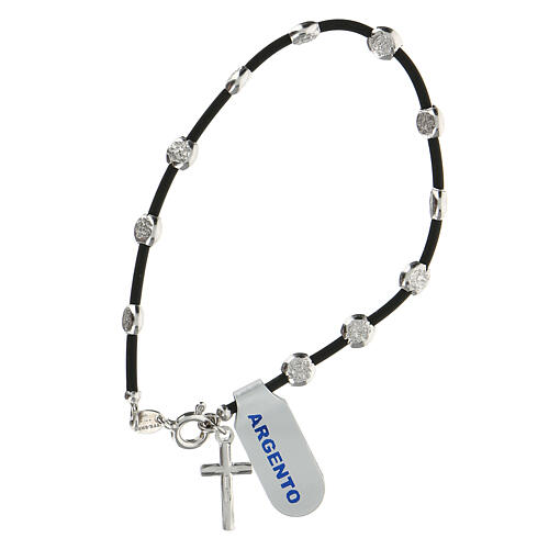 Rubber bracelet with hammered 925 silver beads of 5 mm and cross pendant 2