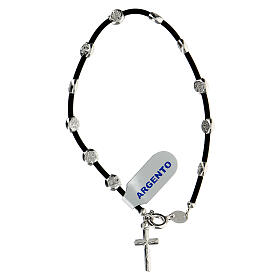 Bracciale caucciù grani argento 925 martellato 5 mm croce pendente