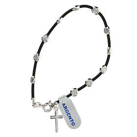 Bracciale caucciù grani argento 925 martellato 5 mm croce pendente