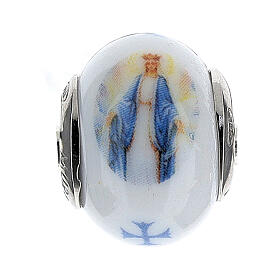 Colgante perla pasante para pulsera Virgem Milagrosa vidrio Murano plata 925