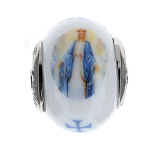 Colgante perla pasante para pulsera Virgem Milagrosa vidrio Murano plata 925 1