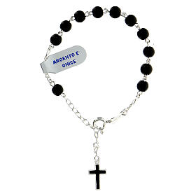 Single decade rosary bracelet of 925 silver, satin onyx beads of 6 mm and enamelled cross