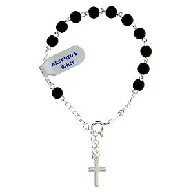 Single decade rosary bracelet of 925 silver, satin onyx beads of 6 mm and enamelled cross