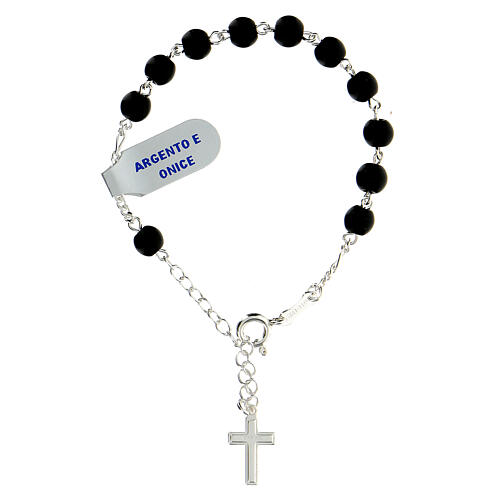 Single decade rosary bracelet of 925 silver, satin onyx beads of 6 mm and enamelled cross 2