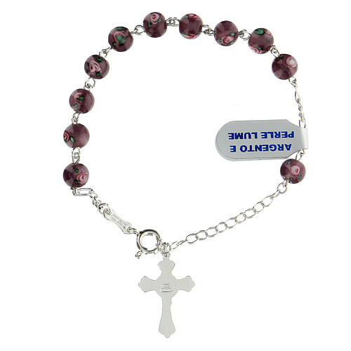 Single decade rosary bracelet with 6 mm purple lampwork beads and 925 silver cross pendant 2