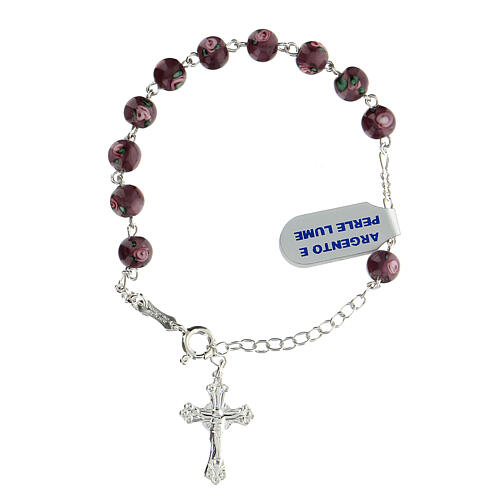 One decade rosary bracelet with purple beads 6mm 925 silver cross 1