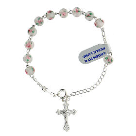 Single decade rosary bracelet with 6 mm white lampwork beads and 925 silver cross pendant