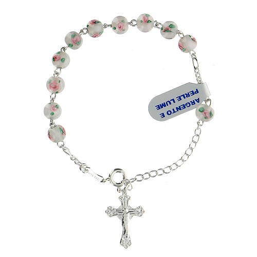 Single decade rosary bracelet with 6 mm white lampwork beads and 925 silver cross pendant 1