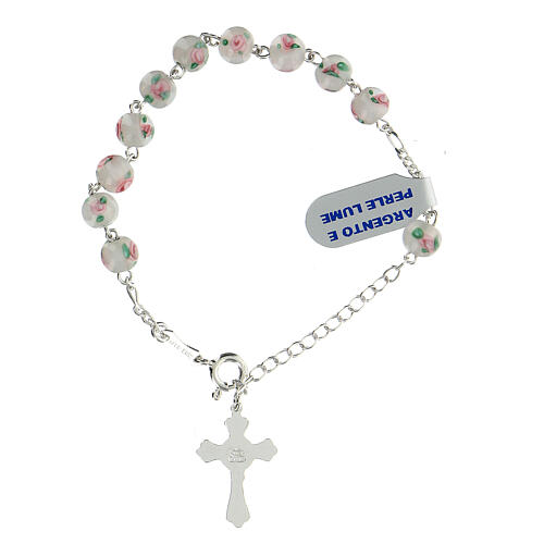 Single decade rosary bracelet with 6 mm white lampwork beads and 925 silver cross pendant 2