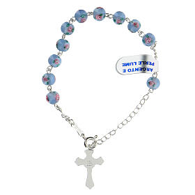 Single decade rosary bracelet with 6 mm light blue lampwork beads and 925 silver cross pendant