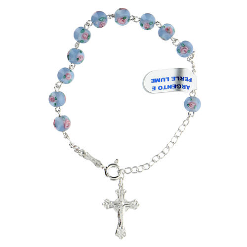 Single decade rosary bracelet with 6 mm light blue lampwork beads and 925 silver cross pendant 1