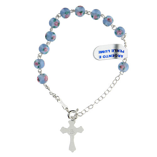 Single decade rosary bracelet with 6 mm light blue lampwork beads and 925 silver cross pendant 2