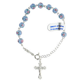 Bracciale decina croce trilobata grani 6 mm perle lume azzurre argento 925