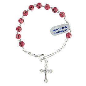 Single decade rosary bracelet with 6 mm pink lampwork beads and 925 silver cross pendant