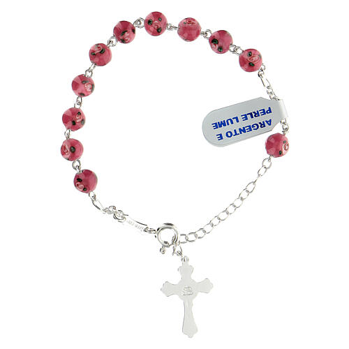 Single decade rosary bracelet with 6 mm pink lampwork beads and 925 silver cross pendant 2