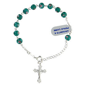 Single decade rosary bracelet with 6 mm green lampwork beads and 925 silver cross pendant
