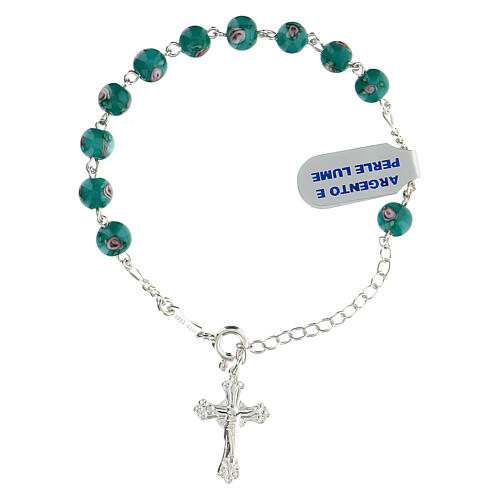 Single decade rosary bracelet with 6 mm green lampwork beads and 925 silver cross pendant 1