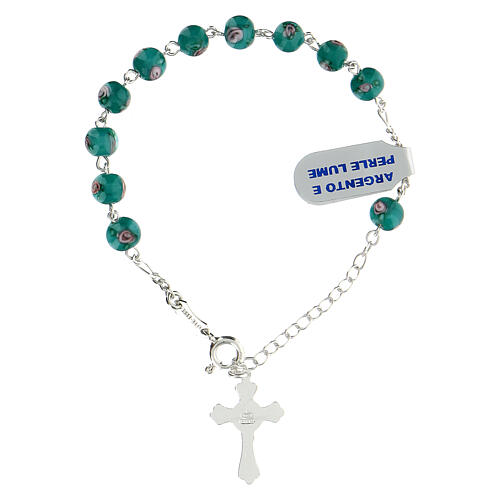 Single decade rosary bracelet with 6 mm green lampwork beads and 925 silver cross pendant 2