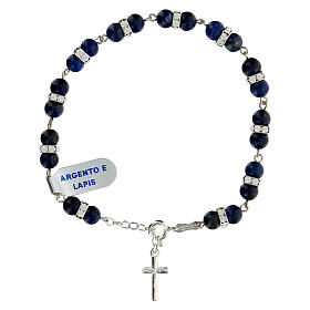 Single decade rosary bracelet with 6 mm lapis lazuli beads, crystals and 925 silver