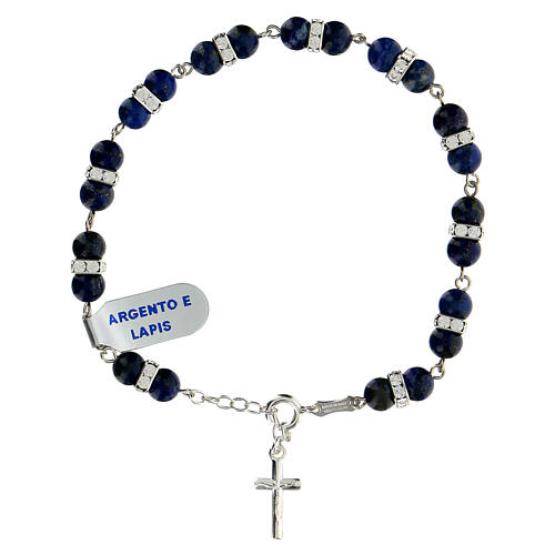 Single decade rosary bracelet with 6 mm lapis lazuli beads, crystals and 925 silver 1