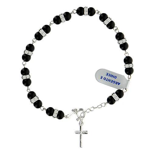 Single decade rosary bracelet with 6 mm onyx beads, crystals and 925 silver 1