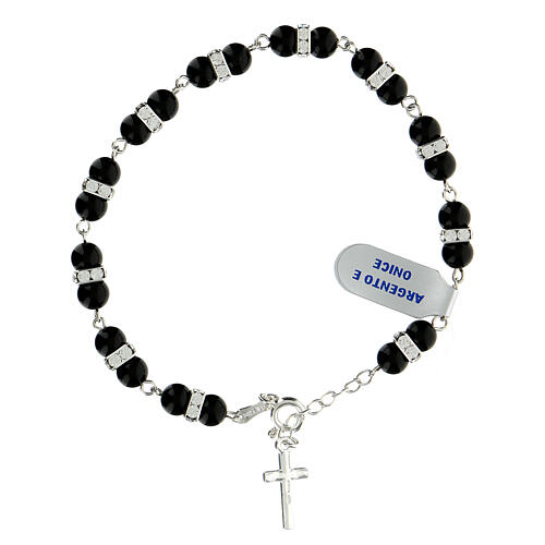 Single decade rosary bracelet with 6 mm onyx beads, crystals and 925 silver 2