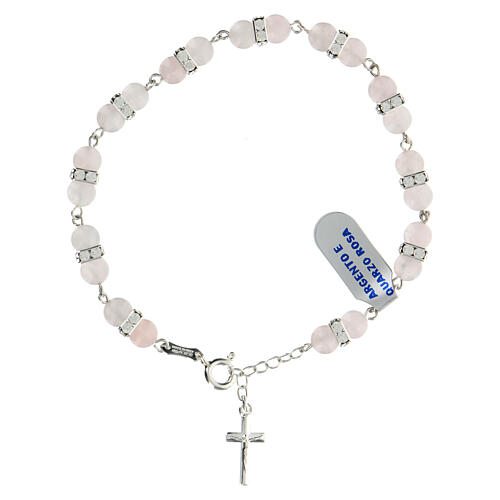 Single decade rosary bracelet with 6 mm pink quarts beads, crystals and 925 silver 1