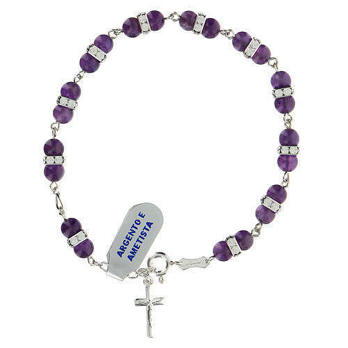 Single decade rosary bracelet with 6 mm amethyst beads, crystals and 925 silver 1