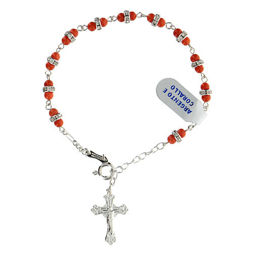 Single decade rosary bracelet with 6 mm coral beads, crystals and 925 silver 1